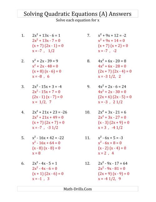 quadratic problems worksheet