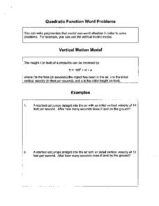 Quadratic Function Word Problems Worksheet for 6th Grade | Lesson ...