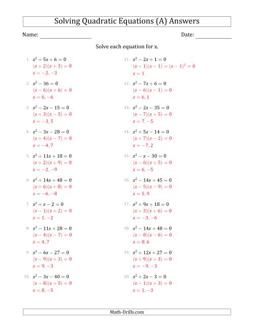 quadratic worksheet with answers
