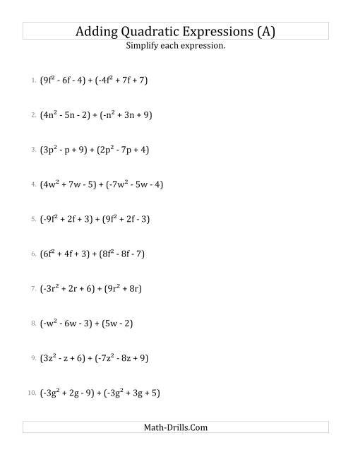Adding and Simplifying Quadratic Expressions (A)