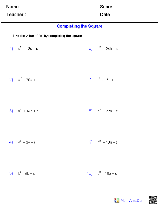 Algebra 1 Worksheets | Quadratic Functions Worksheets