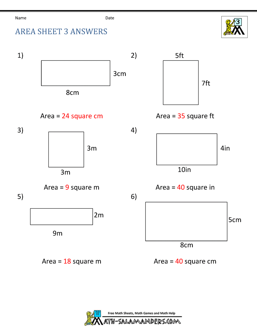 quadrilateral area worksheet answers