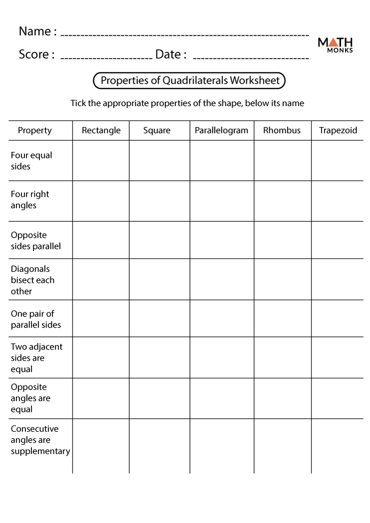 Properties of Quadrilaterals Worksheets - Math Monks