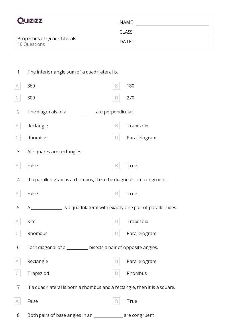 50+ properties of quadrilaterals worksheets on Quizizz | Free ...