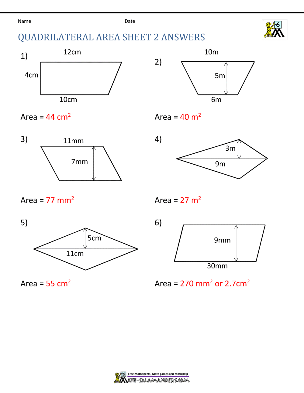 Area of Quadrilateral Worksheets