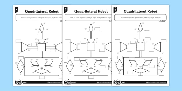 Properties of Quadrilateral Shapes Robot Worksheet - Year 5