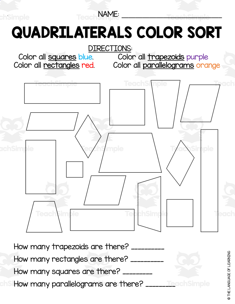 Quadrilaterals Color Sort Worksheet by Teach Simple