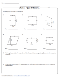 Area of Quadrilaterals Worksheets