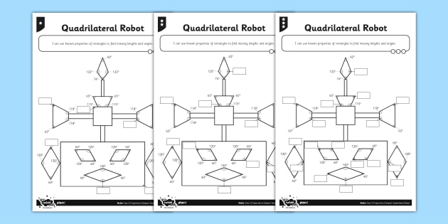 Properties of Quadrilateral Shapes Robot Worksheet - Year 5