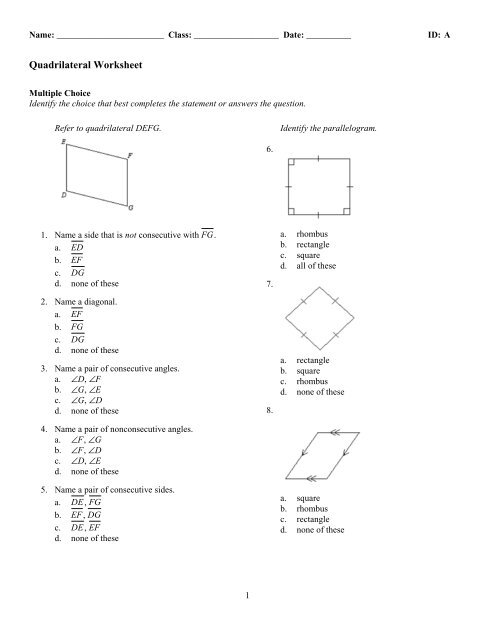 quadrilaterals worksheet high school