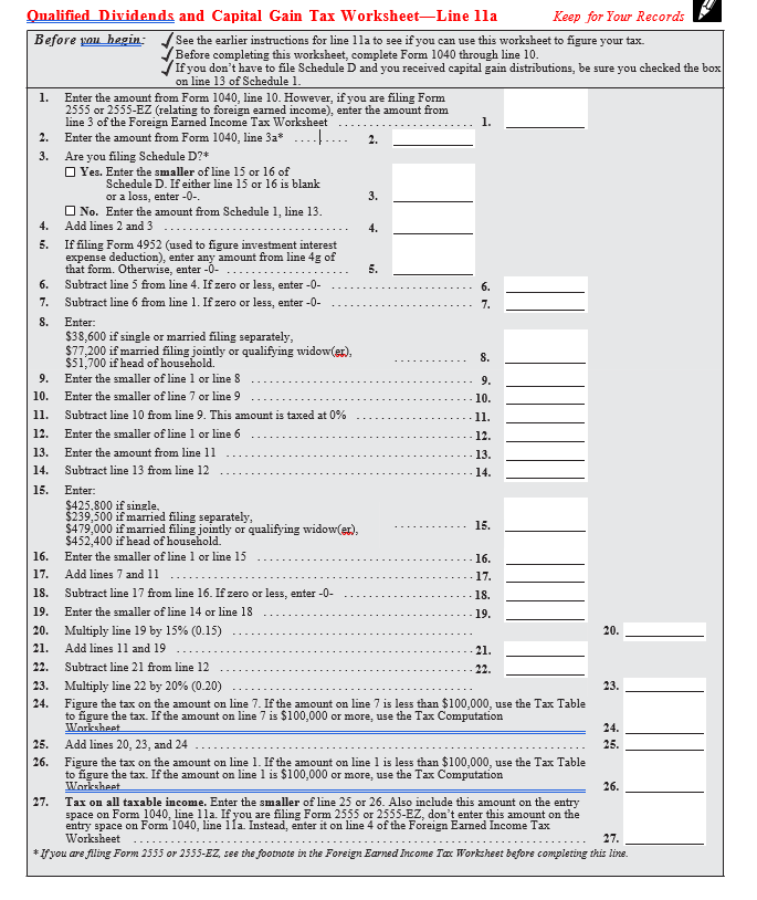 qualified dividends and capital gain tax worksheet instructions