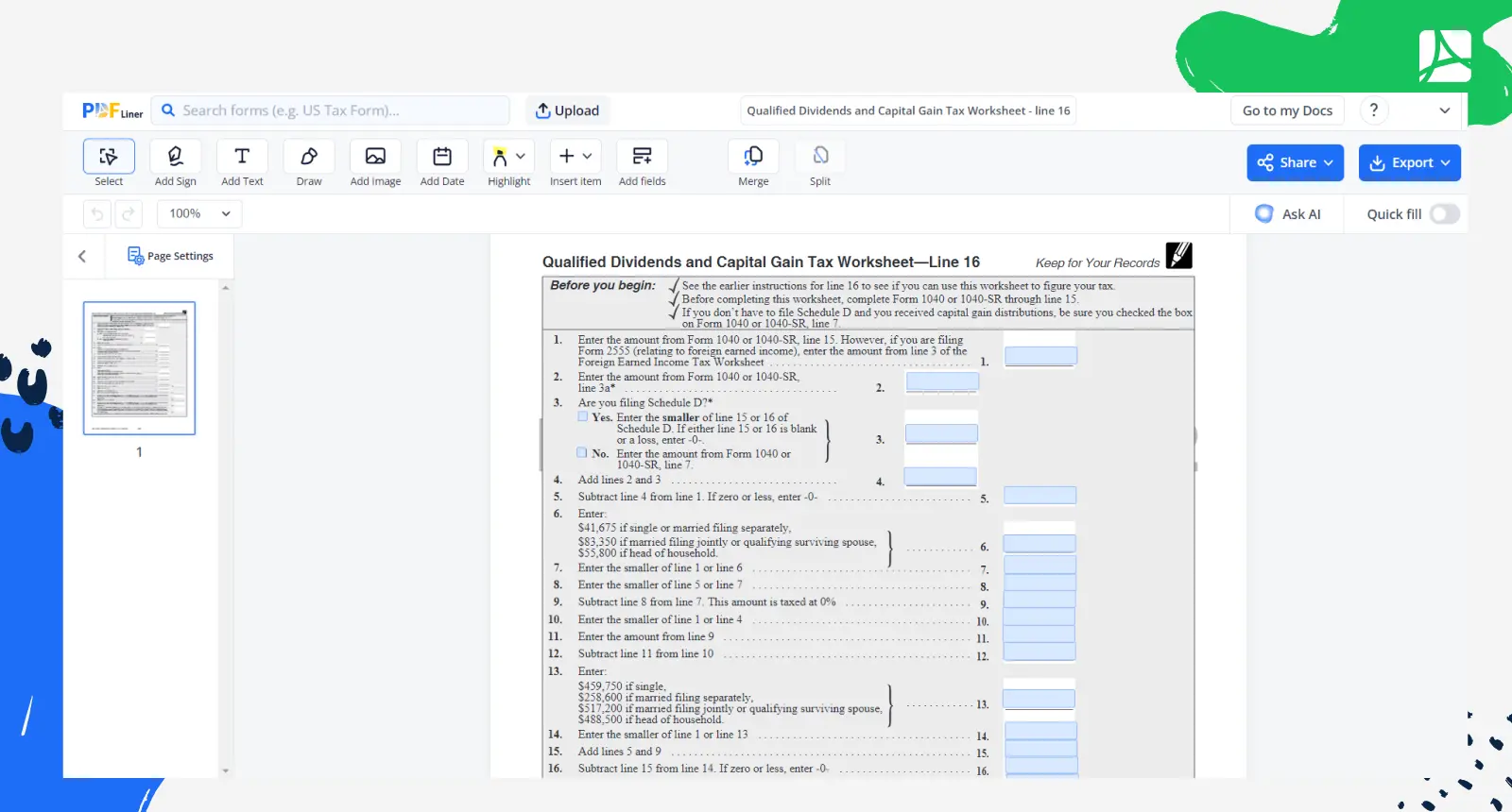 Qualified Dividends and Capital Gain Tax Worksheet 2023 | PDFliner