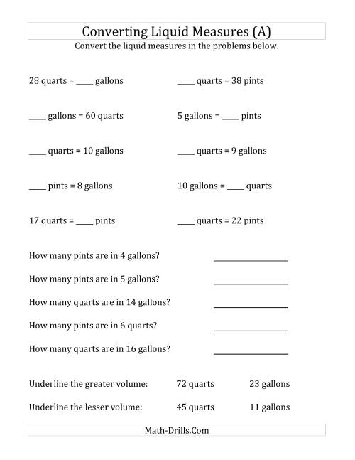 quart cup measurement worksheet
