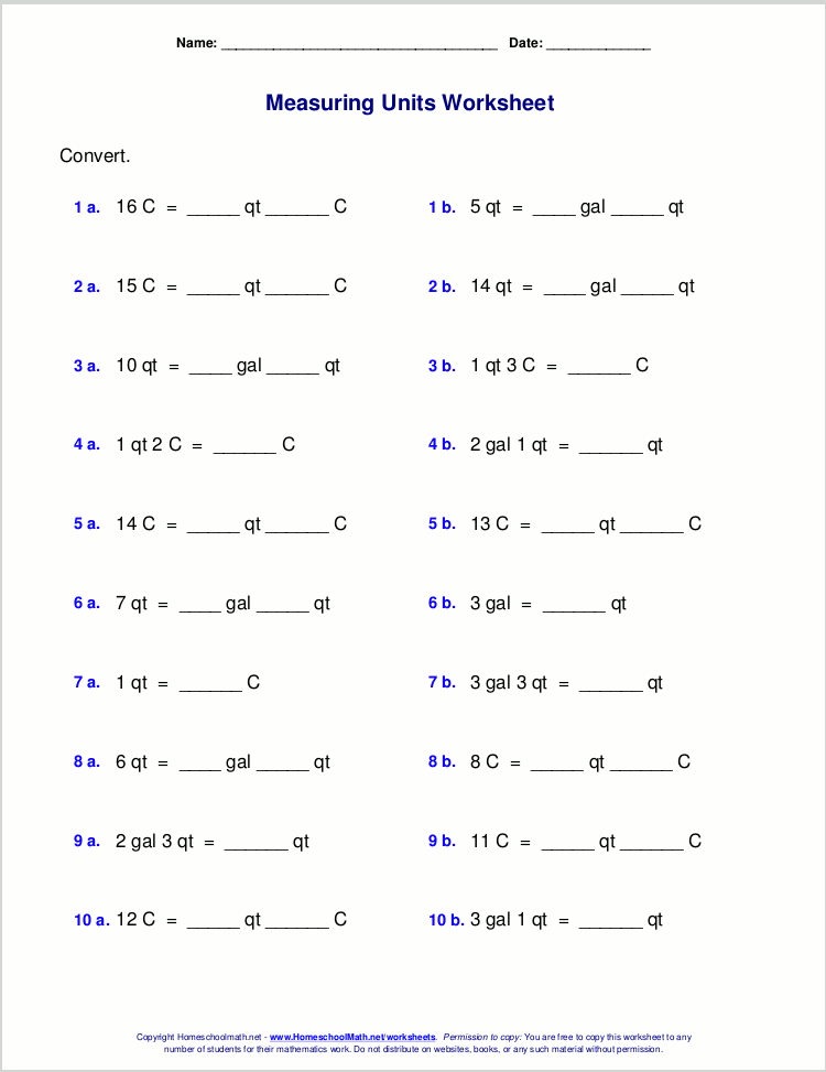 Customary measuring units worksheets