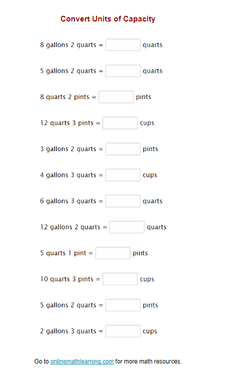 Convert Units of Capacity Worksheet (printable, online, answers)
