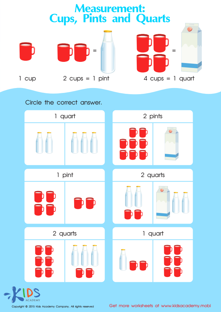 Cups, Pints and Quarts Worksheet: Measurement Printable PDF for Kids