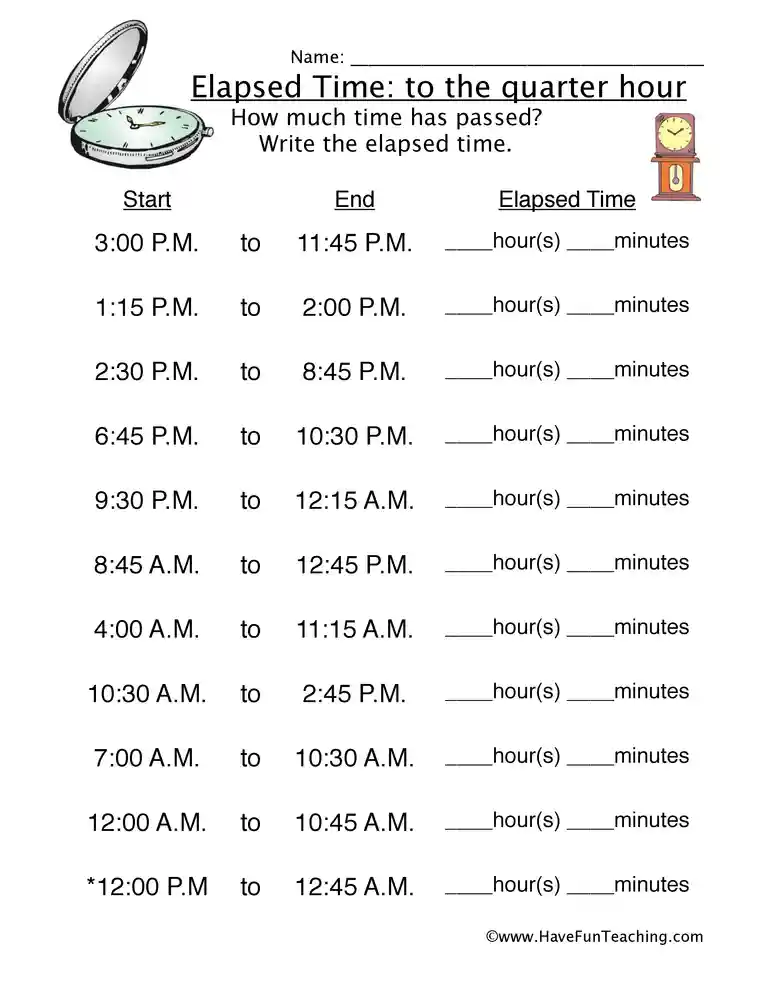 Elapsed Time Quarter Hour Worksheet by Teach Simple