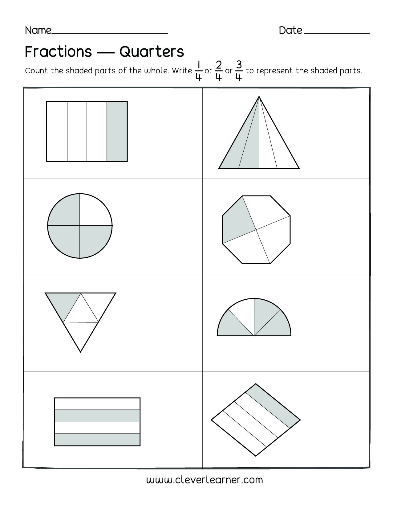 Fun activity on fractions, Fourths worksheets for children