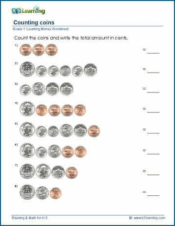 Grade 1 counting money worksheet - pennies, nickels, dimes ...