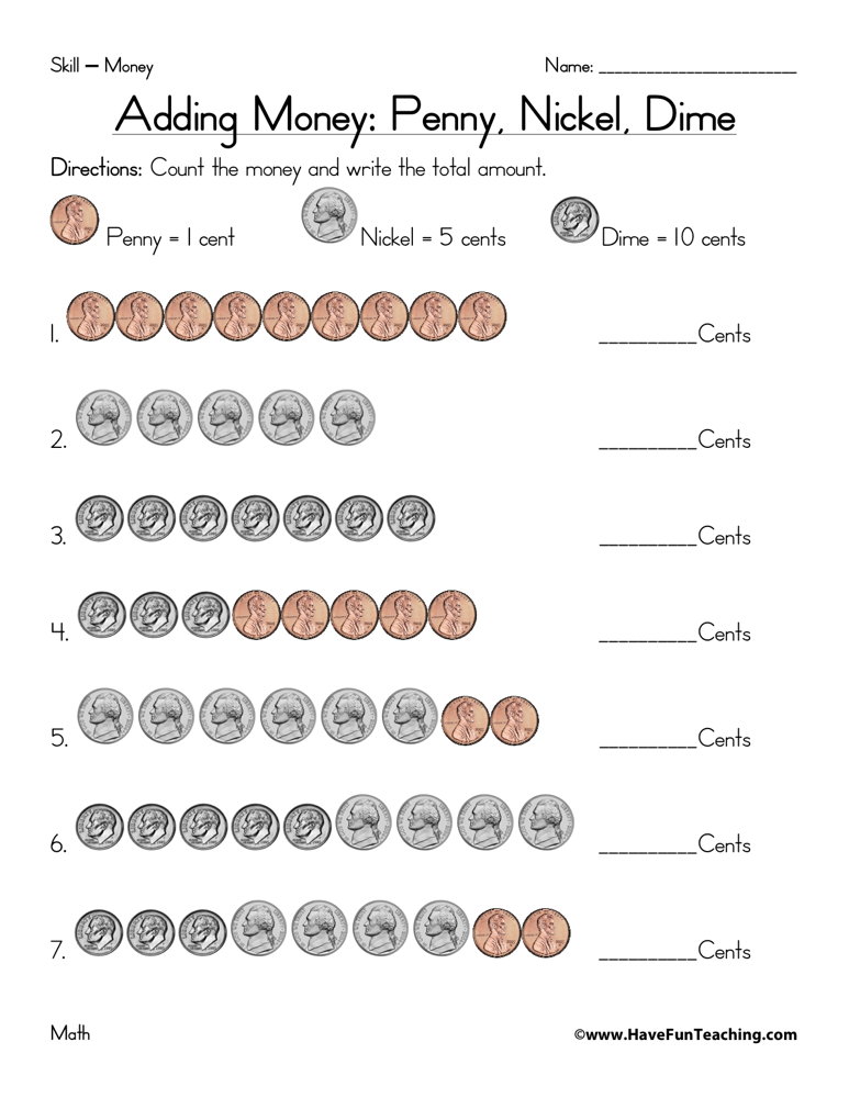 quarters nickels dimes pennies worksheet