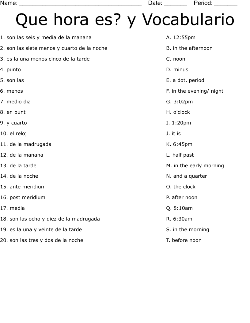 Que hora es? y Vocabulario Worksheet - WordMint
