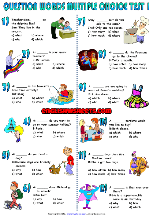 Question Words Multiple Choice Test ESL Worksheet