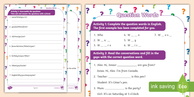 ESL Question Words Worksheet (Lehrer gemacht) - Twinkl