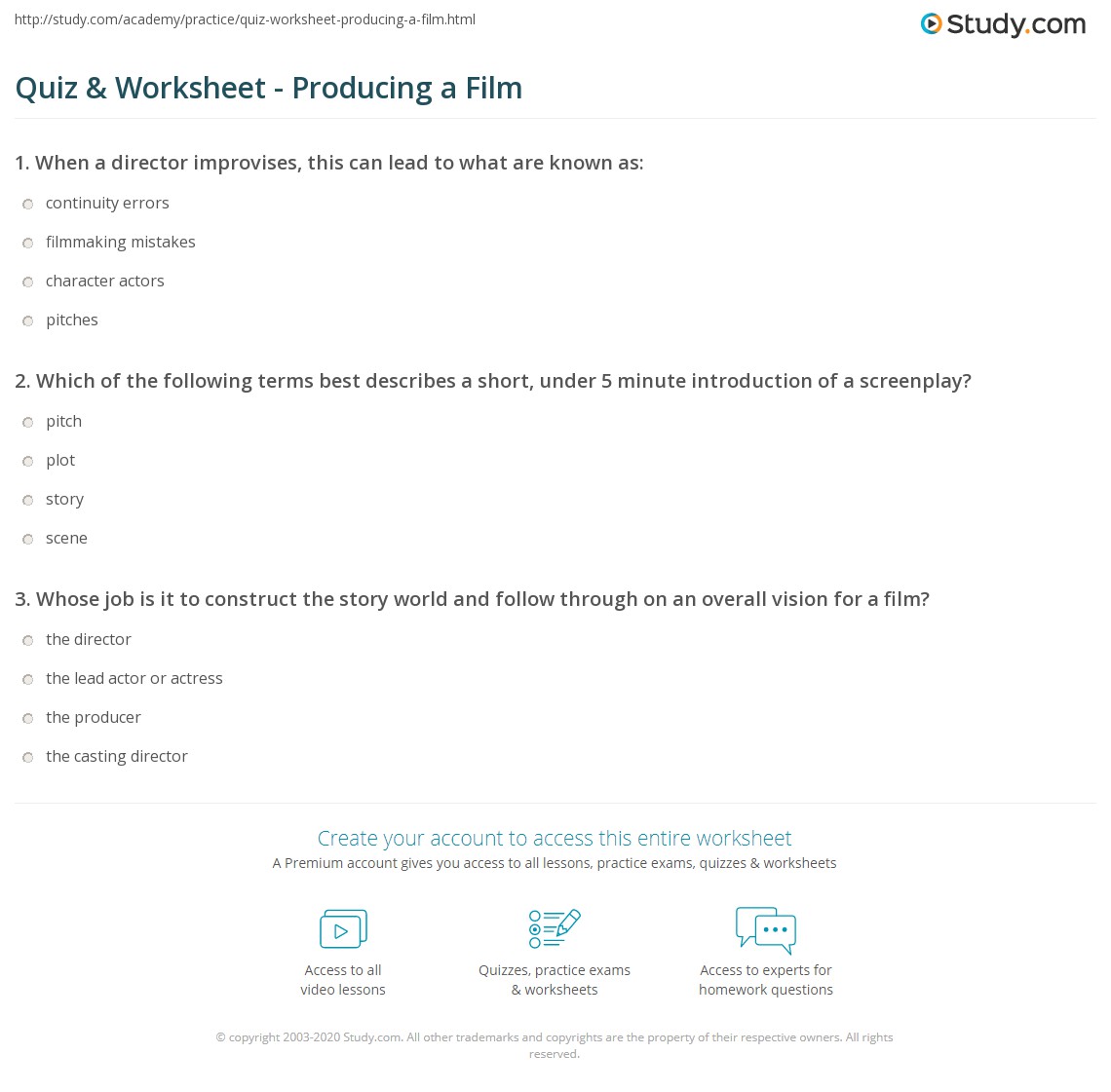 Quiz &  Worksheet - Producing a Film | Study.com