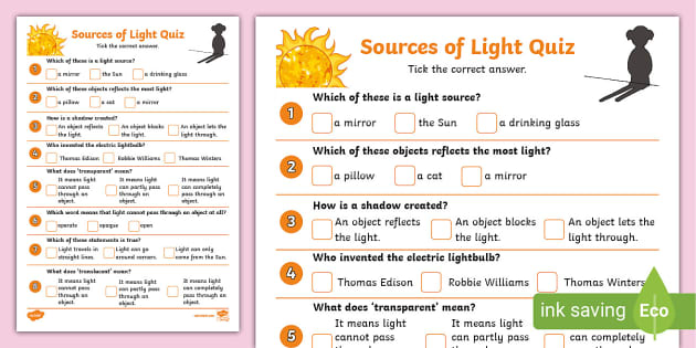 quiz questions with answers on light