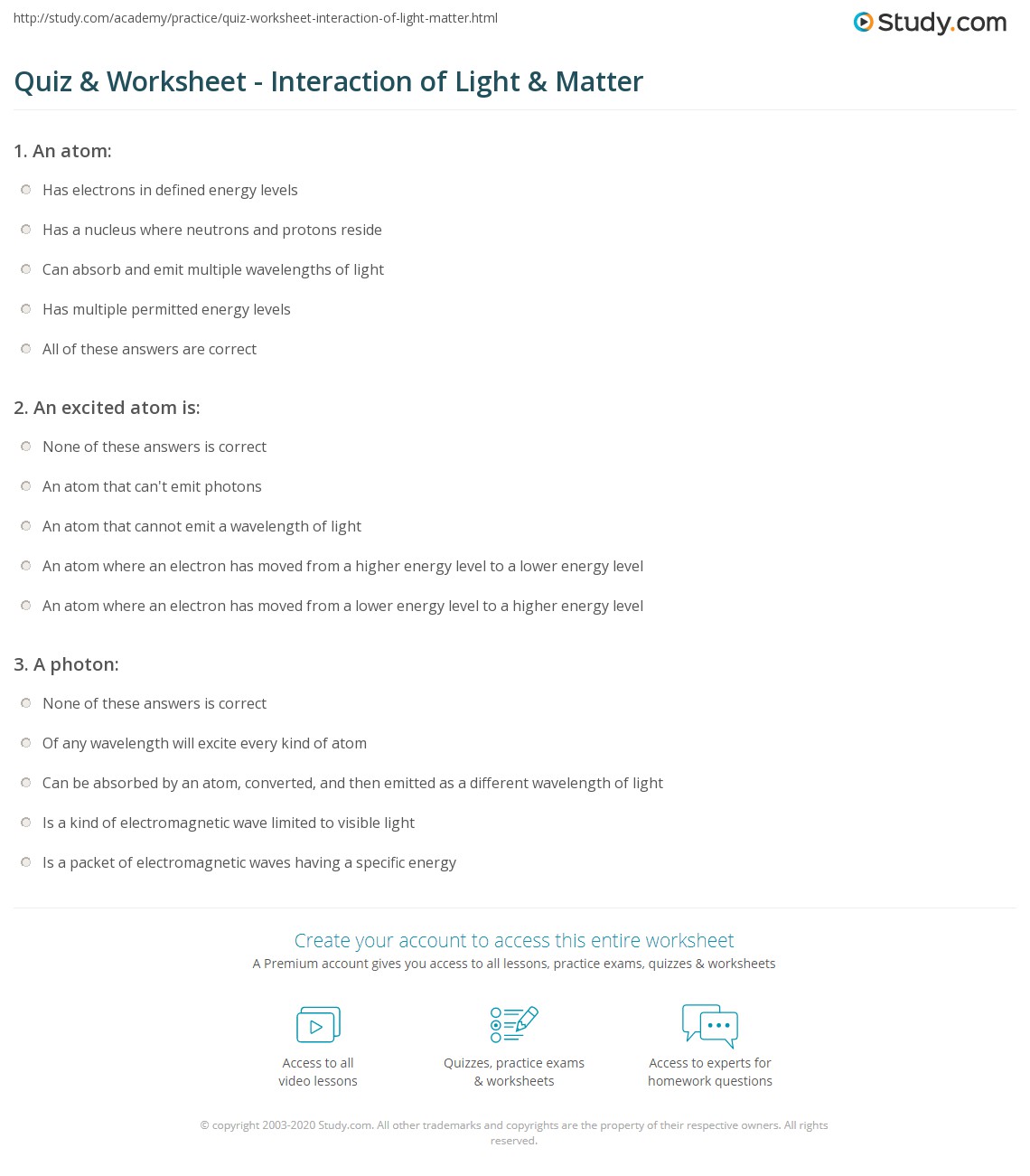 quiz questions with answers on light