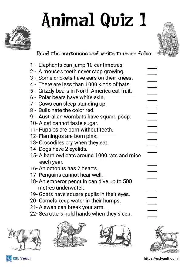 Free printable animal quiz worksheets - ESL Vault