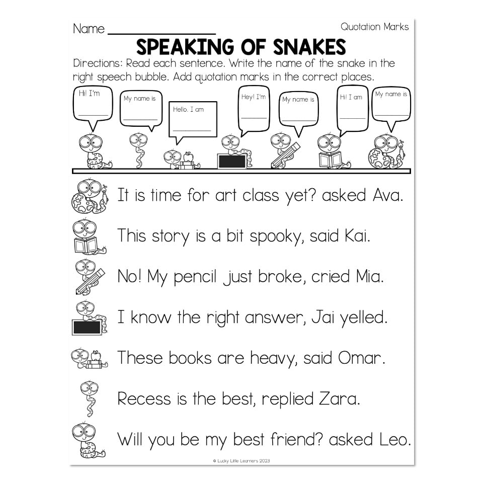 Grammar Worksheets - Quotation Marks - Speaking of Snakes - Lucky ...