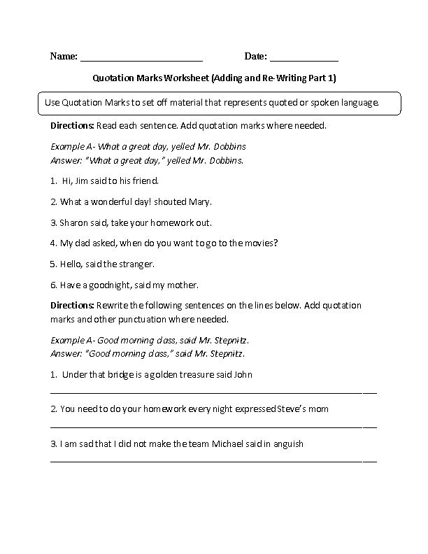 quotation mark worksheet 5th grade