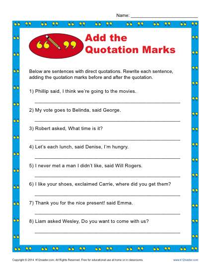 Add the Quotation Marks Worksheet | Punctuation Worksheets