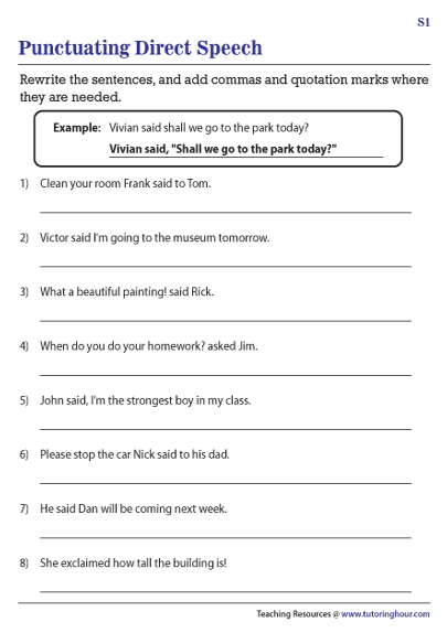Quotation Marks in Direct Speech Worksheets