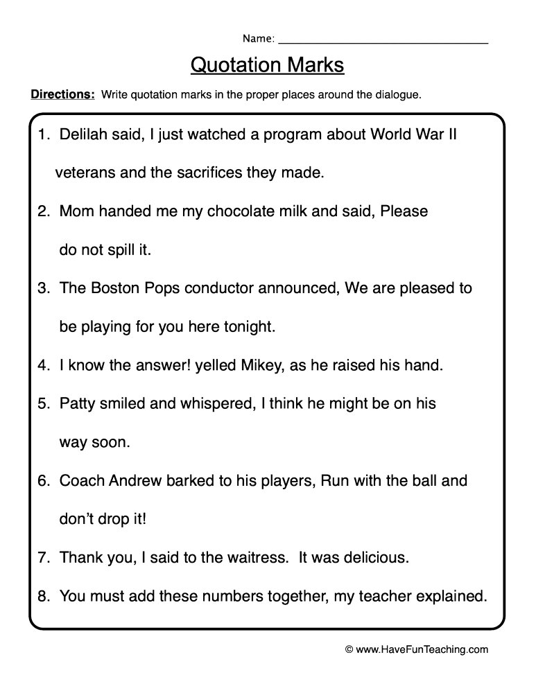 Adding Quotation Marks Worksheet
