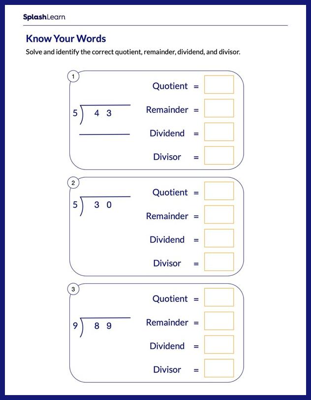 Identify Quotient Remainder Dividend and Divisor - Math Worksheets ...