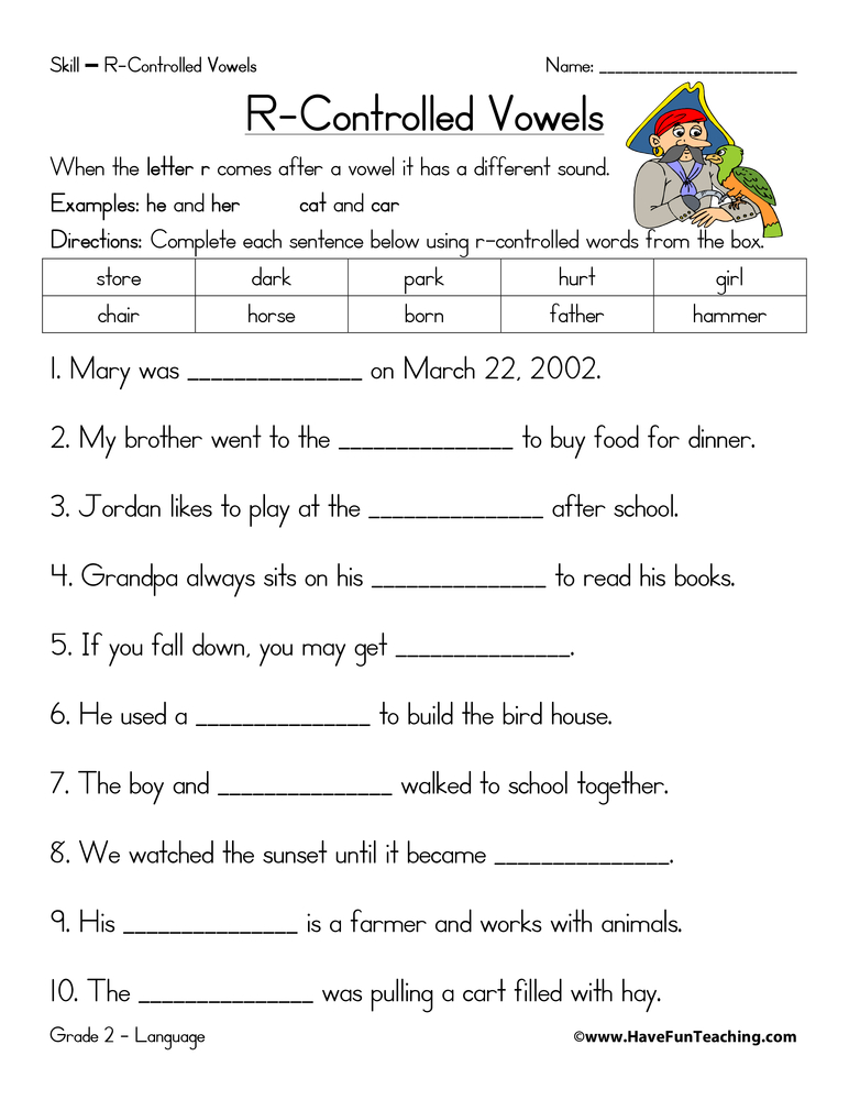 R-Controlled Vowels Fill in the Blanks Worksheet  