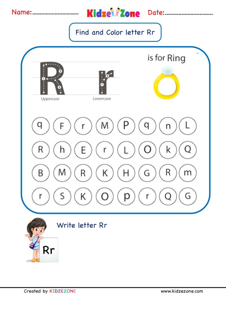 Kindergarten Letter R Find and Color worksheet - KidzeZone