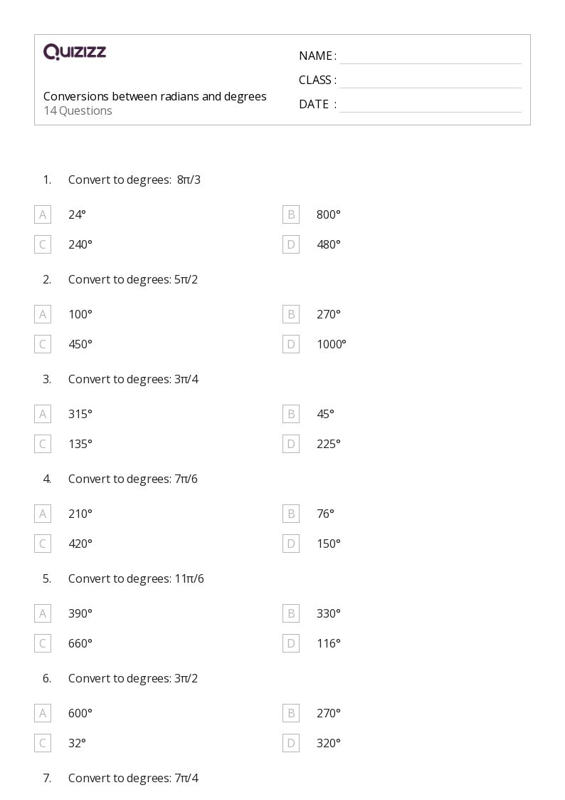 radian and degree measure worksheet