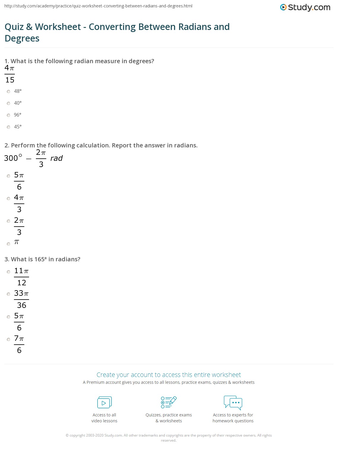 radian measure worksheet