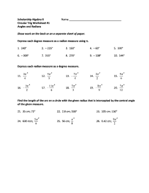 radian measure worksheet
