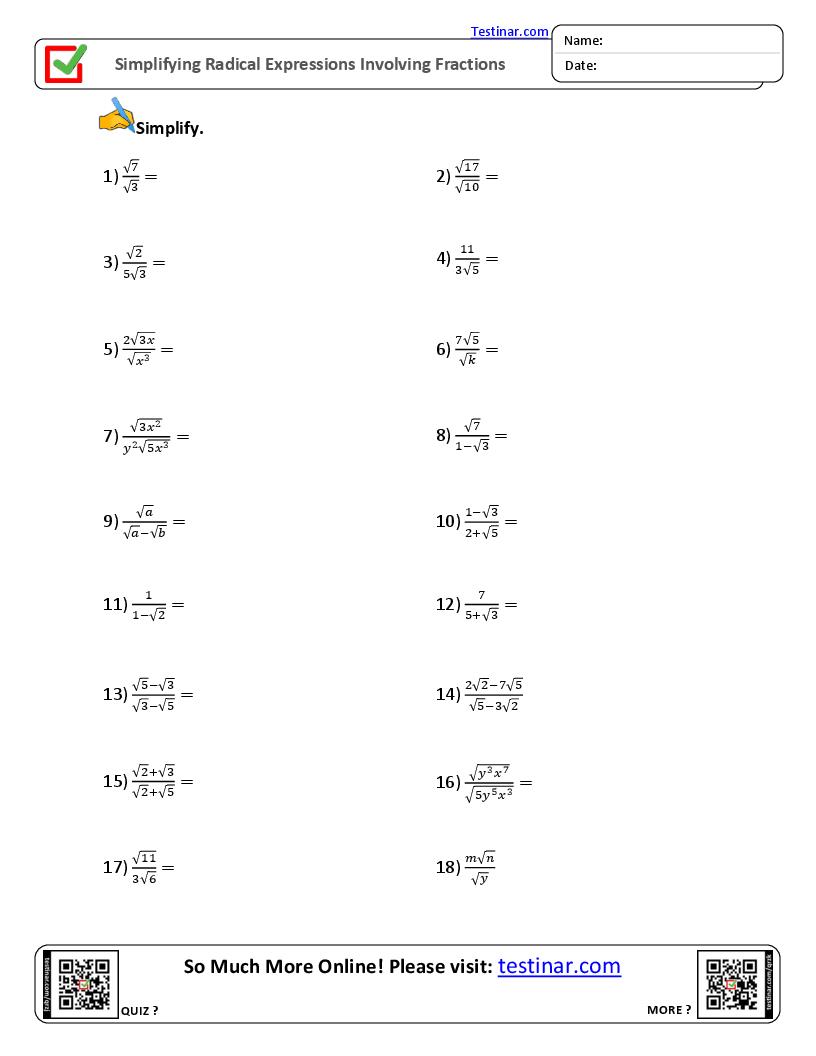 Simplifying Radical Expressions Involving Fractions worksheets