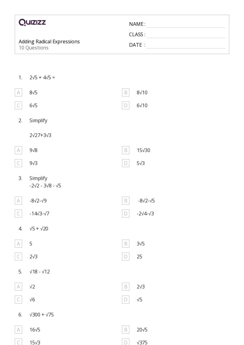 50+ Radical Expressions worksheets on Quizizz | Free &  Printable