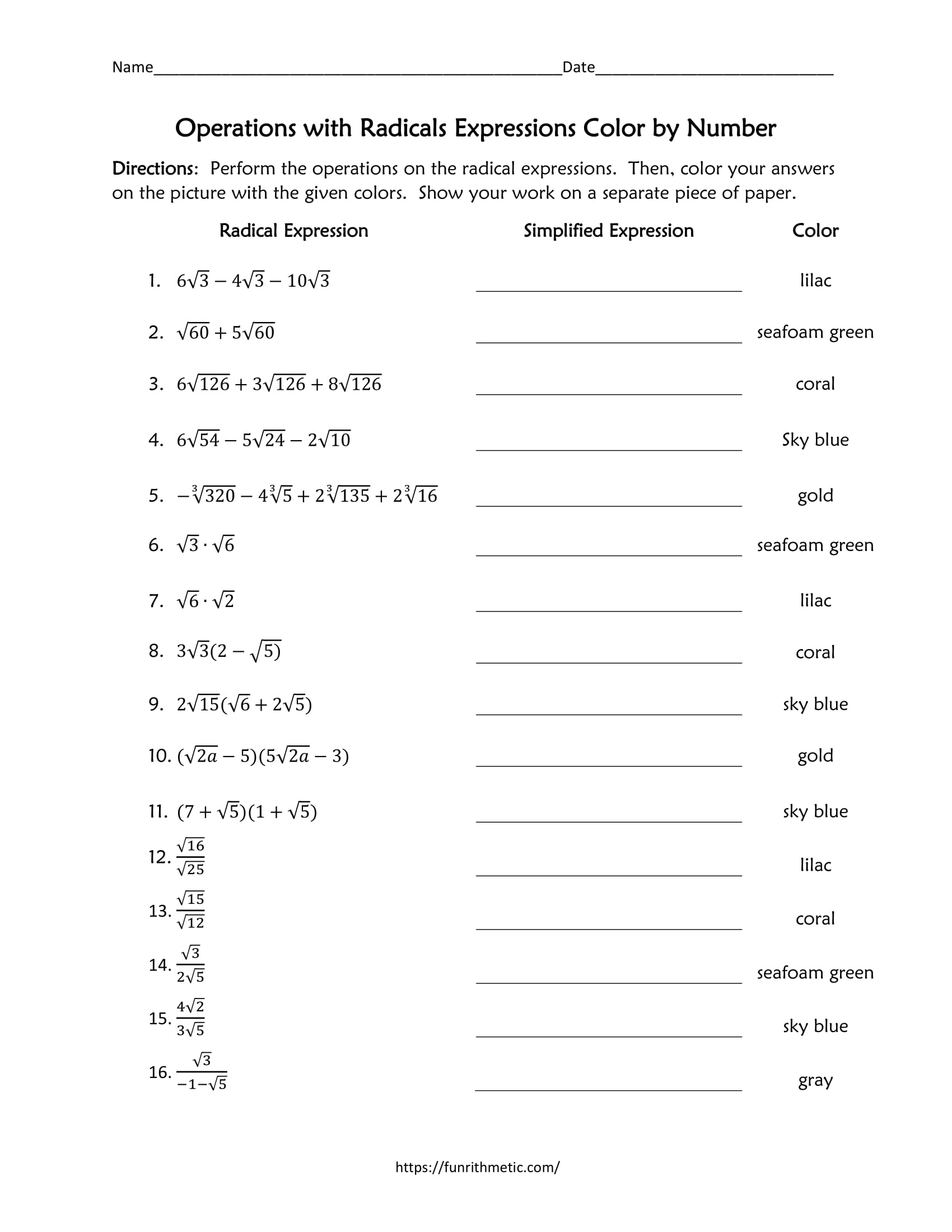 Operations with Radical Expressions Color by Number