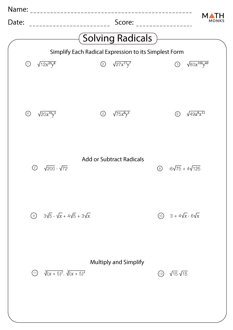 Simplifying Radicals Worksheets - Math Monks