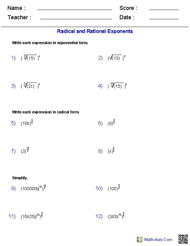 radicals and rational exponents worksheet answers