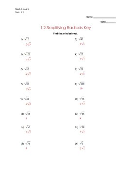 1.2 Day 1 Simplifying Radicals Worksheet Key by Keep It Integrated