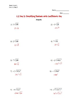 1.2 Day 3 Simplifying Radicals with Coefficient Worksheet Key | TPT
