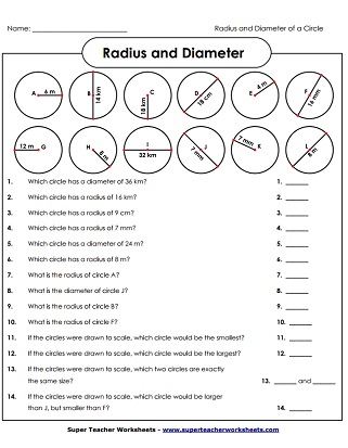 Radius &  Diameter Worksheets, Circumference &  Area Worksheets